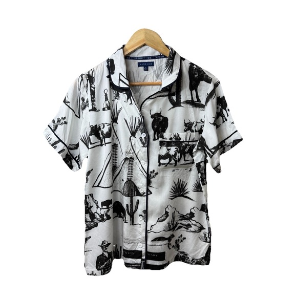 Katie Kime Marfa Texas Toile Pajama Pants Set White & Black Cowboy Western Sz S - Picture 2 of 12